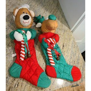 Vintage Bear and Moose Puffy Parachute Christmas Stockings Set. Candy Cane Bells